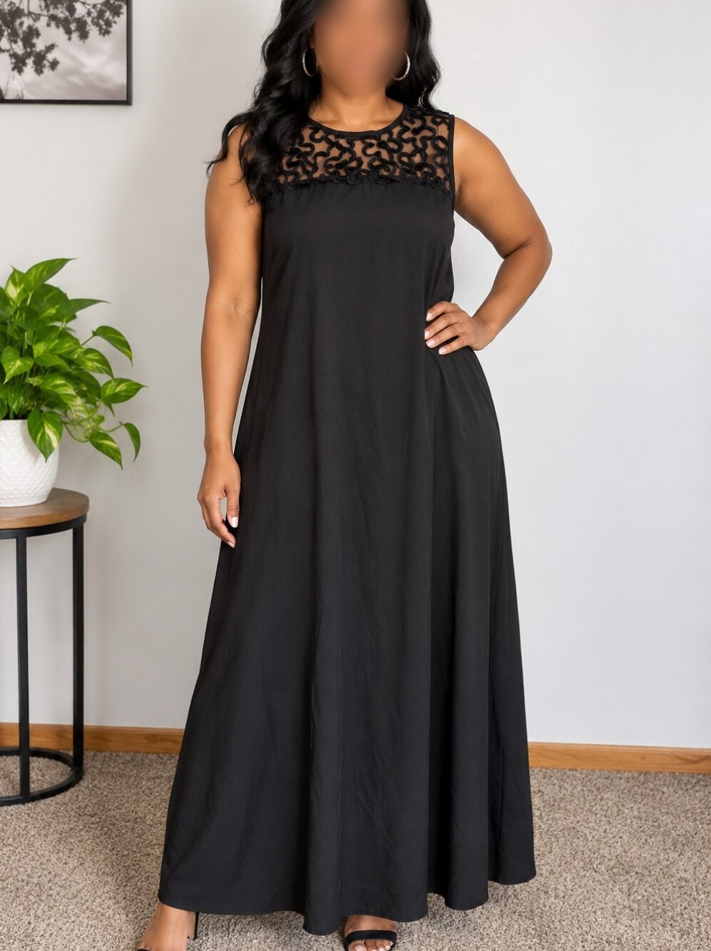 Black Maxi Dress Sheer Floral Mesh Embroidered Sleeveless Plus Size 1XL